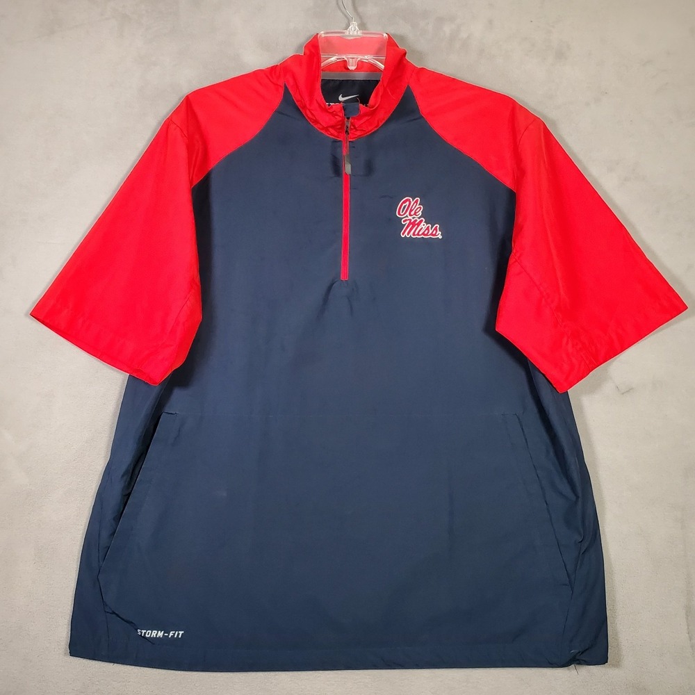 Ole Miss Nike Storm Fit Windbreaker Mens L Blue Red Logo‎ 1/4 Zip Short Sleeve